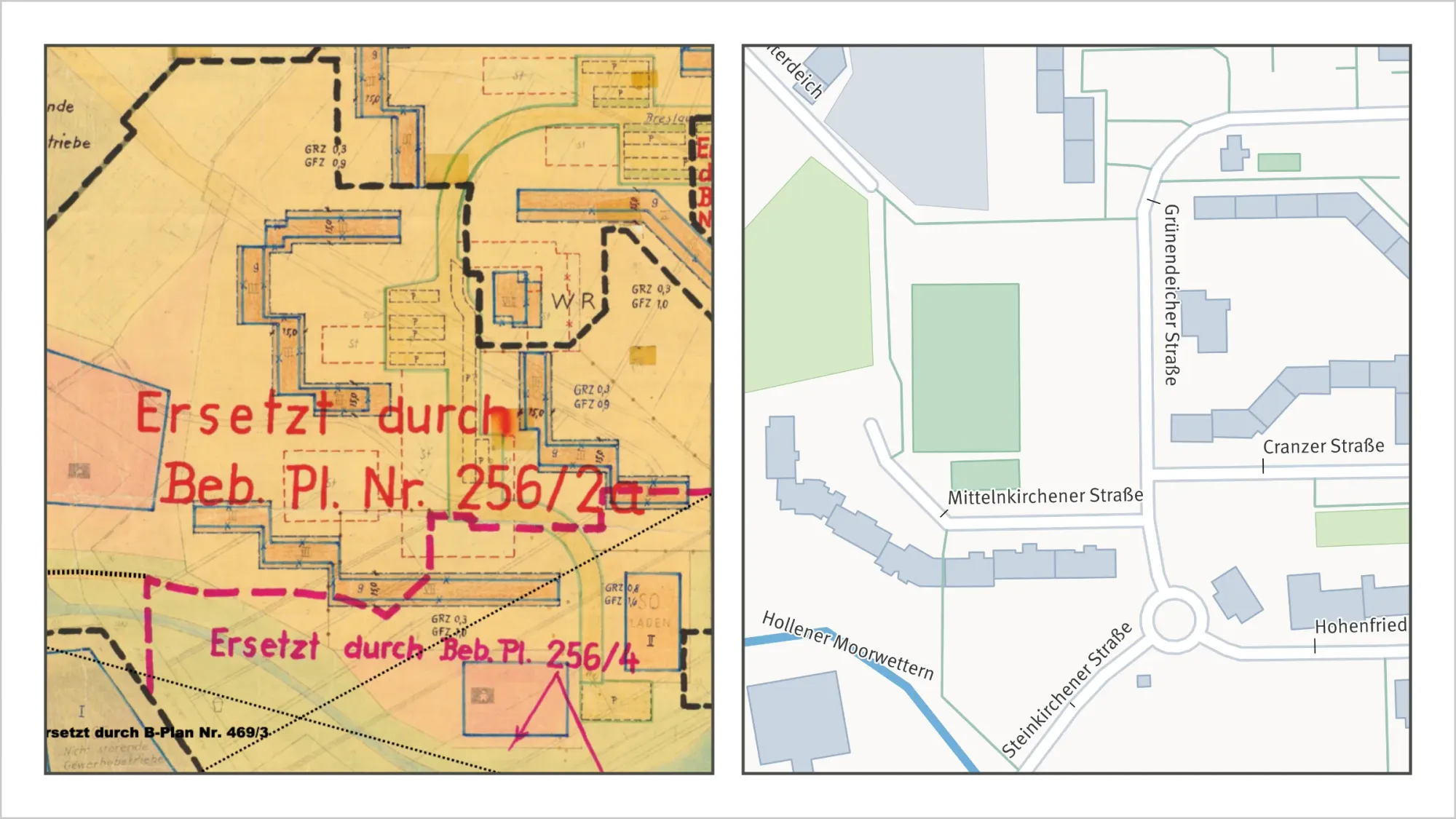 Zwei Karten nebeneinander: links ein historischer Bebauungsplan mit farbigen Markierungen und handschriftlichen Ergänzungen, rechts ein moderner digitaler Stadtplanausschnitt desselben Gebiets im Jahr 2026.