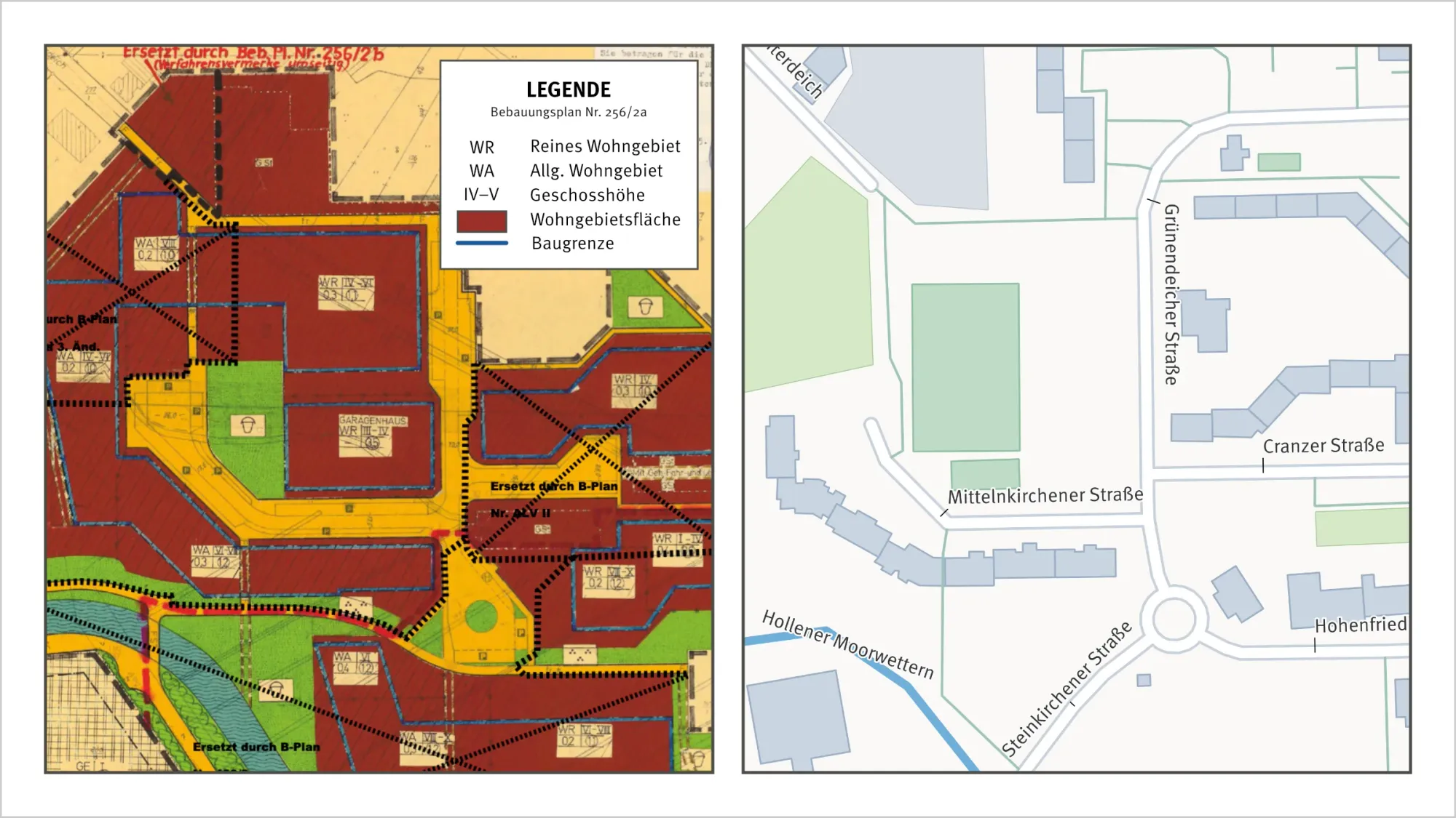 Zwei Karten nebeneinander: links ein farbiger Bebauungsplan mit Legende und markierten Wohngebietsflächen, rechts ein moderner digitaler Stadtplanausschnitt desselben Gebiets im Jahr 2026.