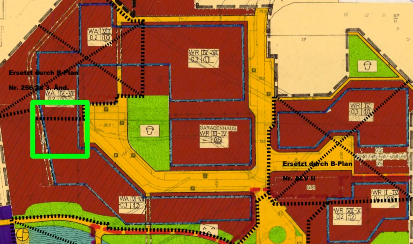 Farbig dargestellter Bebauungsplan mit rot schraffierten Bauflächen, gelben Straßen, grünen Grünflächen und schwarzen gestrichelten Grenzen; lesbarer Text: „Ersetzt durch B-Plan Nr. 256/2 d. 3. Änd.“, „Ersetzt durch B-Plan Nr. ALV II“, „WA VIII 0,2 (10)“, „WA IV–VI 0,3 (12)“, „WR IV–VI 0,3 (10)“, „WR IV 0,3 (10)“, „WR VII–X 0,2 (12)“, „GARAGENHAUS WR III–IV (35)“, „GSt“, „Mit Geh-, Fahr- und Leit.“. Links ist ein Bereich grün markiert eingerahmt, der einen schmalen Streifen zwischen zwei Bauflächen zeigt.