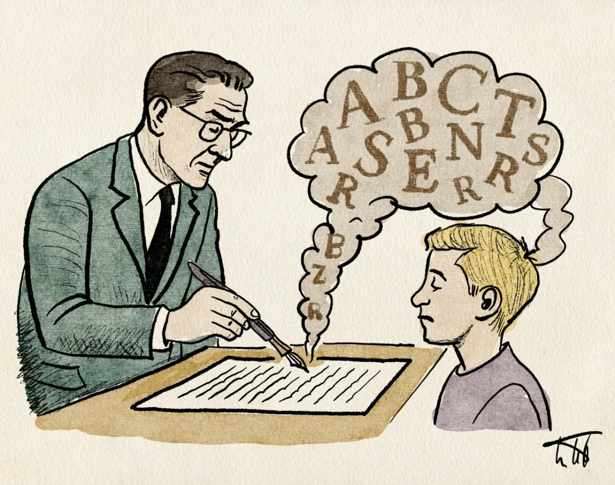 Ein Mann schreibt auf ein Blatt, aus dem Buchstaben aufsteigen und in den Kopf eines Jungen fließen.