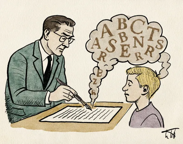 Ein Mann schreibt auf ein Blatt, aus dem Buchstaben aufsteigen und in den Kopf eines Jungen fließen.