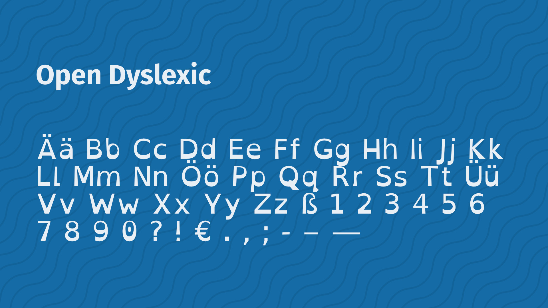 Infografik zeigt das Alphabet, Zahlen und ausgewählte Symbole in der Schriftart Open Dyslexic.